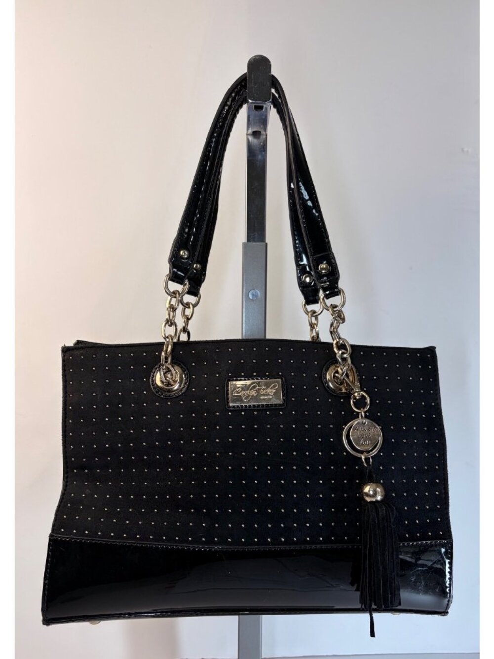 Carolyn Tucker Black Suede Patent Leather Shoulder Bag Studded Tote Charm Purse